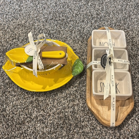Lot of 2. Rae Dunn 3 pc Wooden Snack Tray. 3 pc lemon dessert plate /bowl. new - Picture 2 of 12